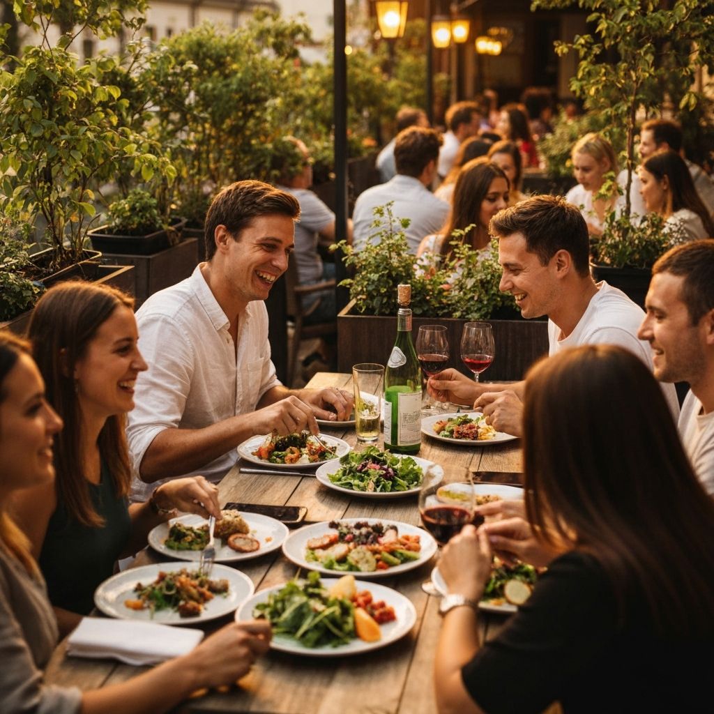 Deljeni tanjiri sa svežom hranom na terasi restorana sa rastenjima